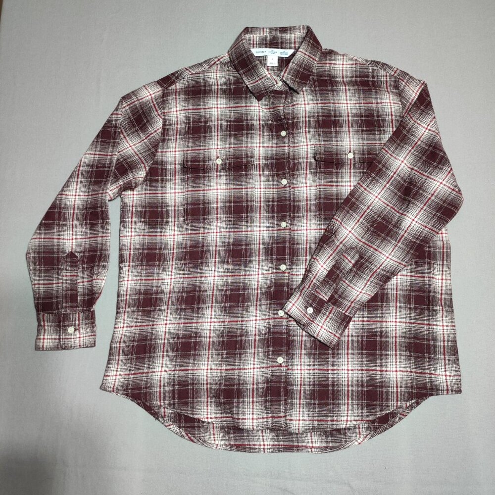 Old Navy button down shirt women's size M maroon white grey The Boyfriend Shirt